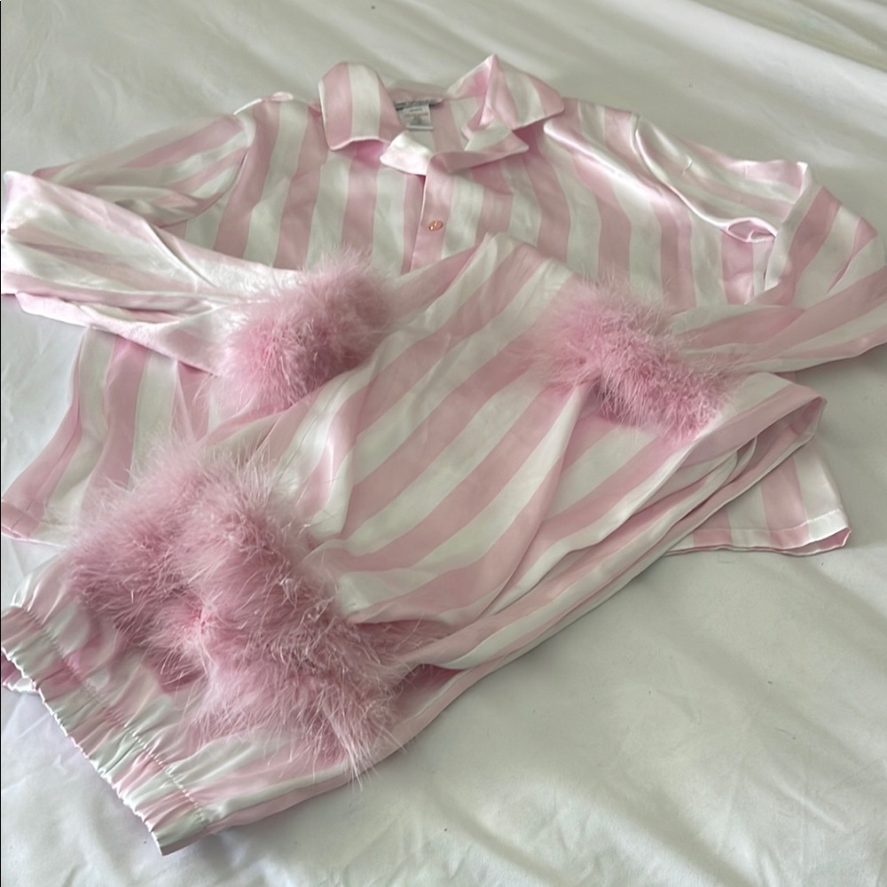 Pink and White Striped Pajama Set with Feather Trim